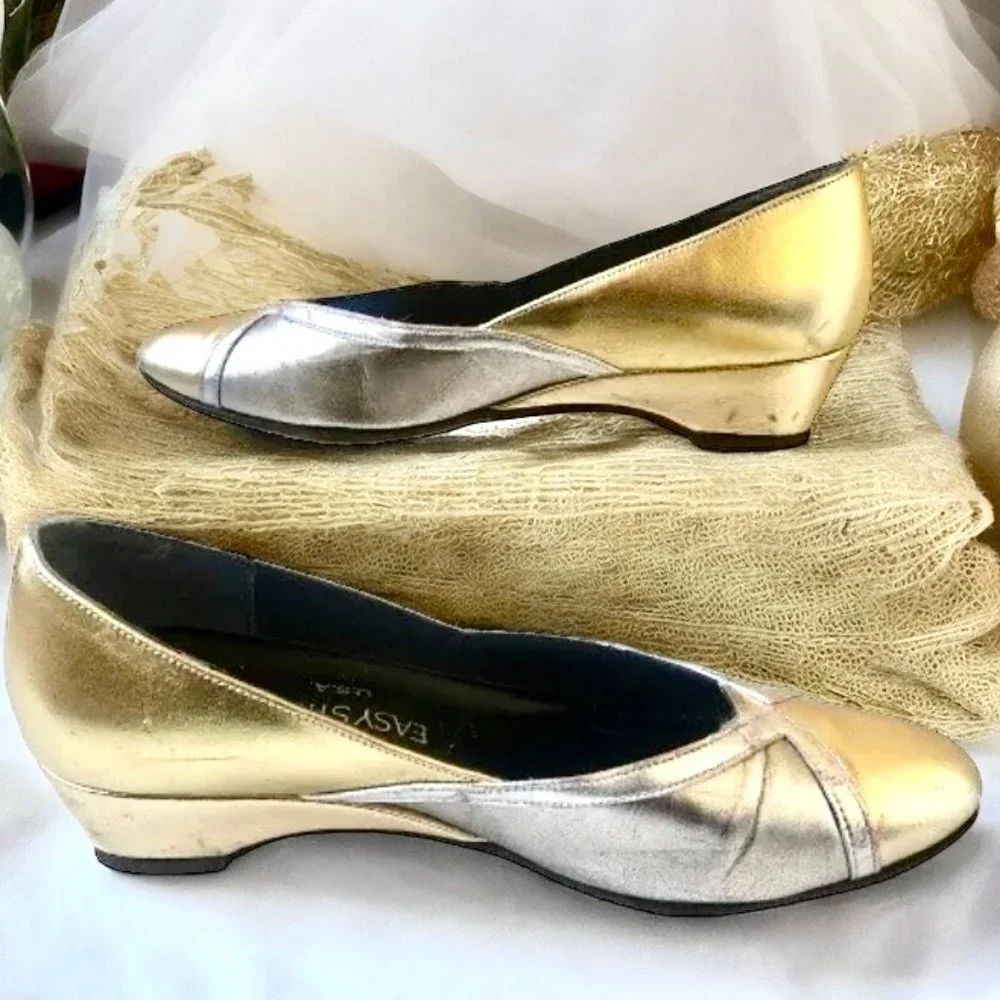 Easy Street Vintage 80's Low Wedge Pump Silver + Gold Made in USA USED
